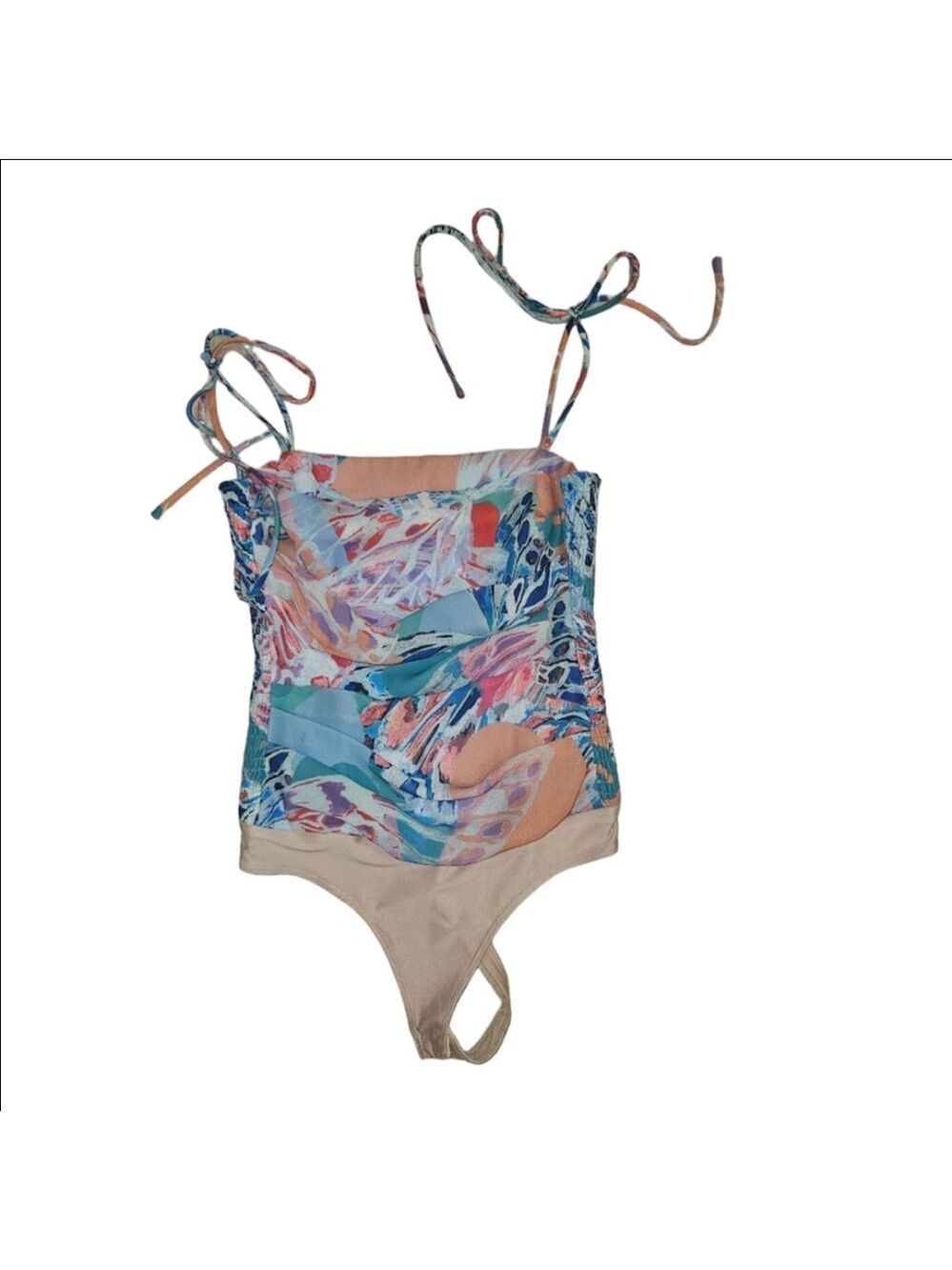 Amanda Uprichard Lavinia Bodysuit XS Multicolor Abstract Print Ruched Sides NWT - Picture 2 of 6